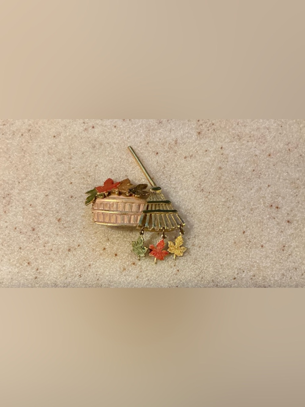 Gold-Tone Autumn Leaf and Basket Brooch - Pink, Red, Green, Yellow